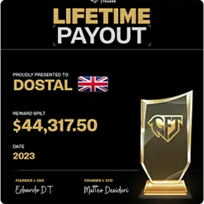 Lifetime Payout award presented to Dostal, UK flag, reward split $44,317.50 for 2023, signed by founders Eduardo D.T. and Matteo Devideri.