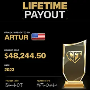 Lifetime Payout award presented to Artur with a $48,244.50 reward for 2023, displayed alongside a gold and black trophy.