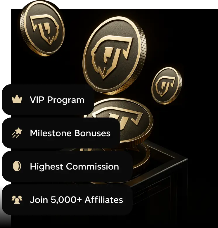 Black and gold coins with a stylized T logo floating above a dark pedestal, with text highlighting VIP program, milestone bonuses, highest commission, and joining 5,000+ affiliates.