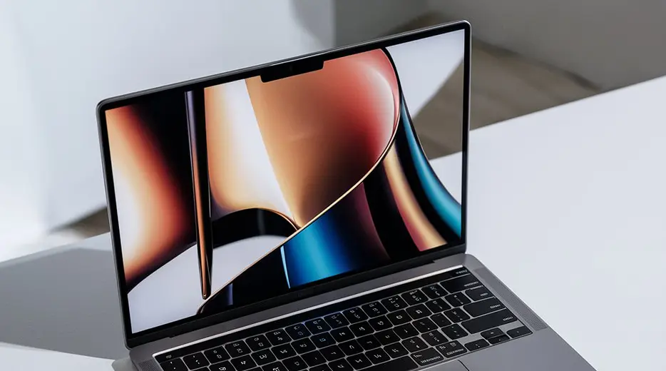 Open laptop with colorful abstract wallpaper displayed on its screen.