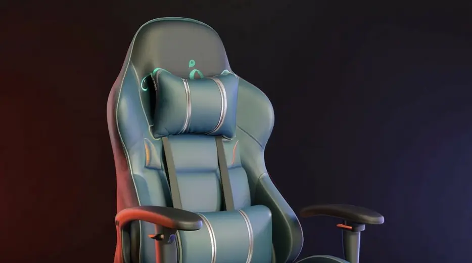 Ergonomic gaming chair with padded headrest and lumbar support against a dark gradient background.