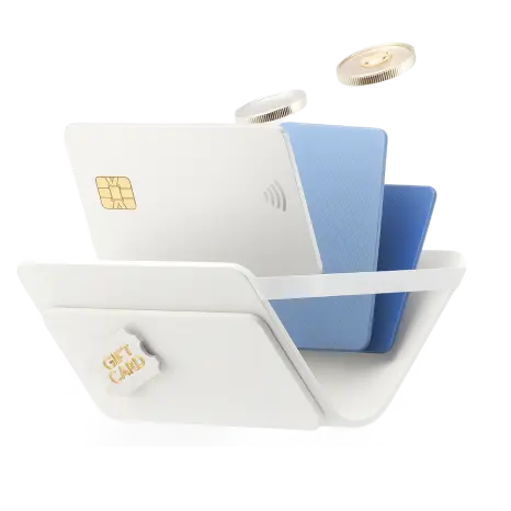 White modern container holding two credit cards, one white and one blue, with gold coins floating above.