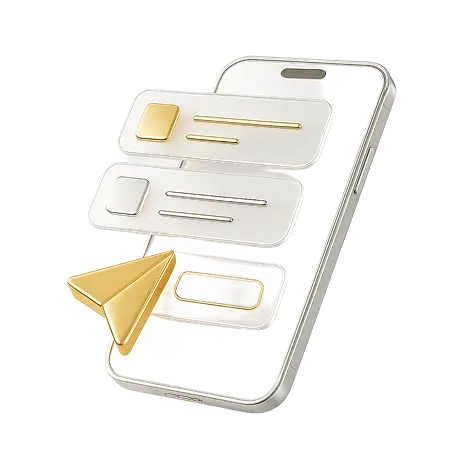 3D illustration of a smartphone with floating chat message bubbles and a gold paper airplane icon.