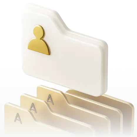 Three beige file folders labeled with the letter A, with a white folder featuring a gold user icon floating above them.