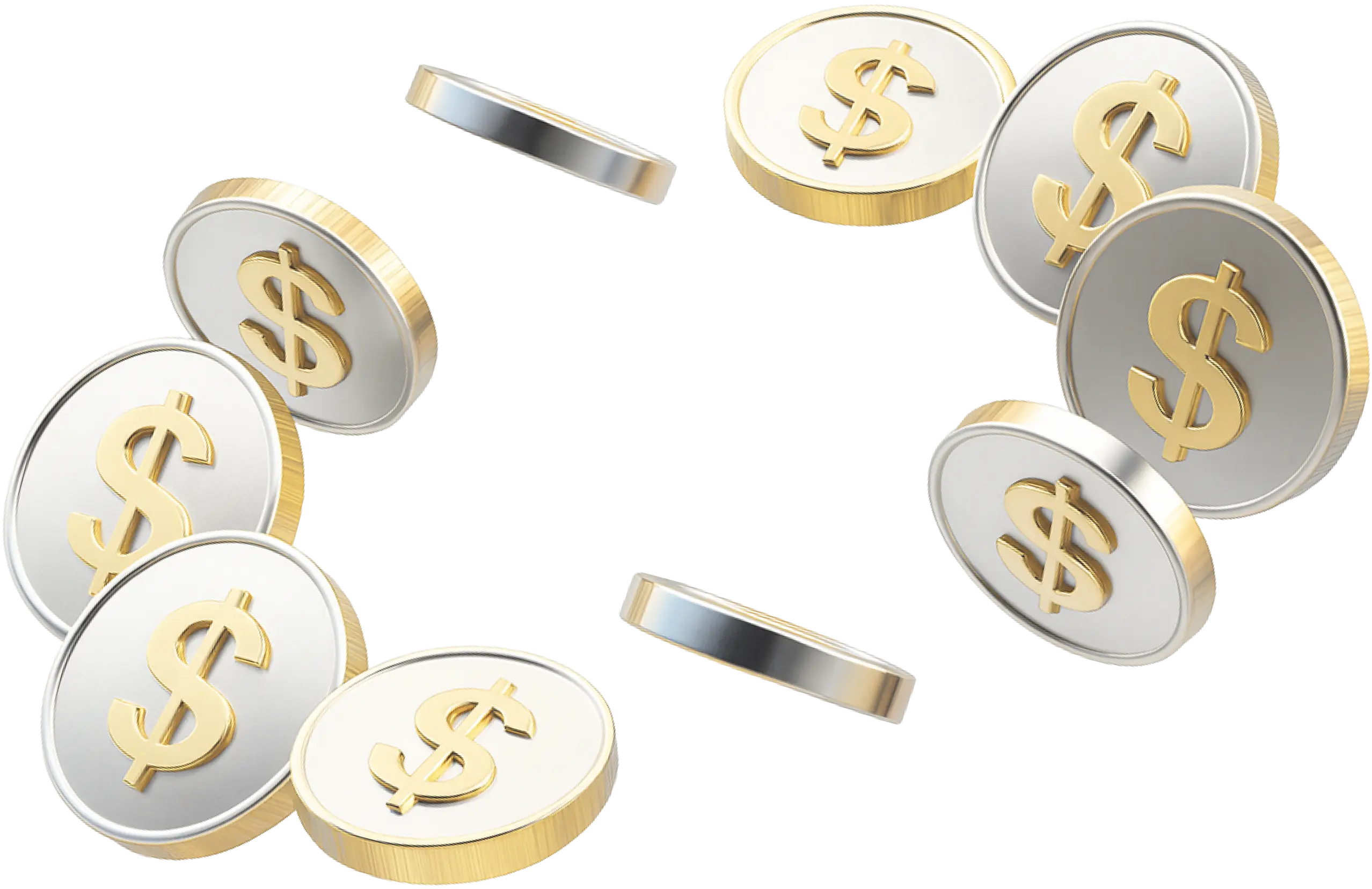 Silver coins with gold dollar signs arranged in a circular pattern on a transparent background.