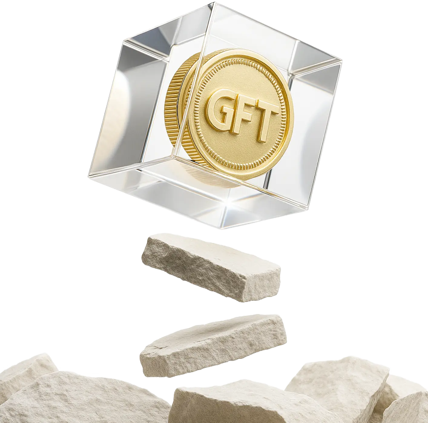 Golden coin marked GFT encased in a transparent cube floating above scattered stone bricks.