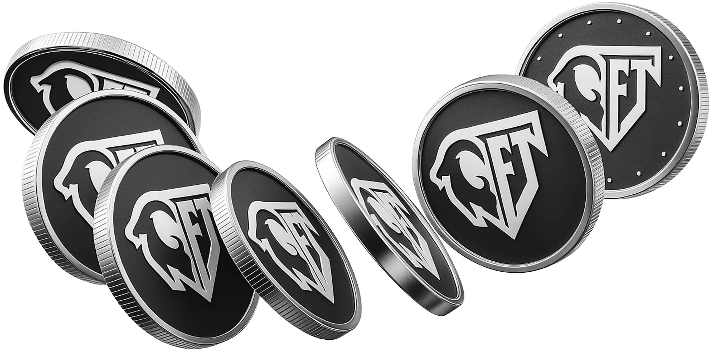 Seven black and silver coins with a stylized buffalo head and the letters 'FT' on them.