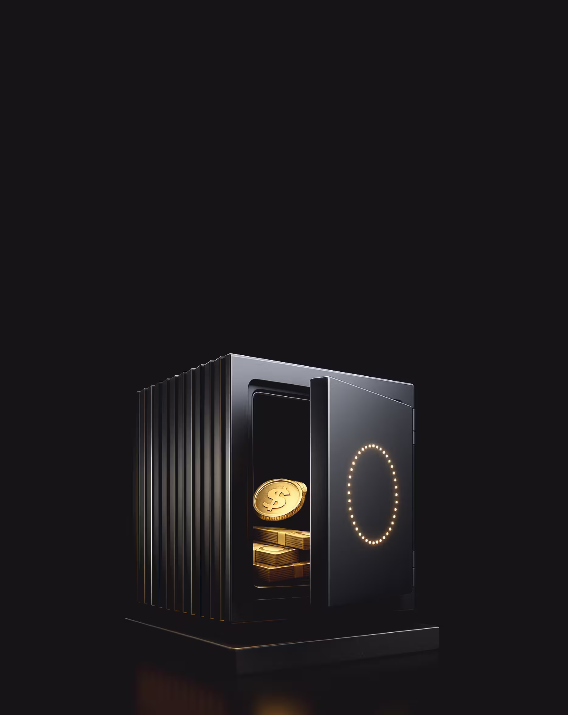Black safe with open door revealing stacks of gold coins and a floating gold coin with a dollar sign inside.