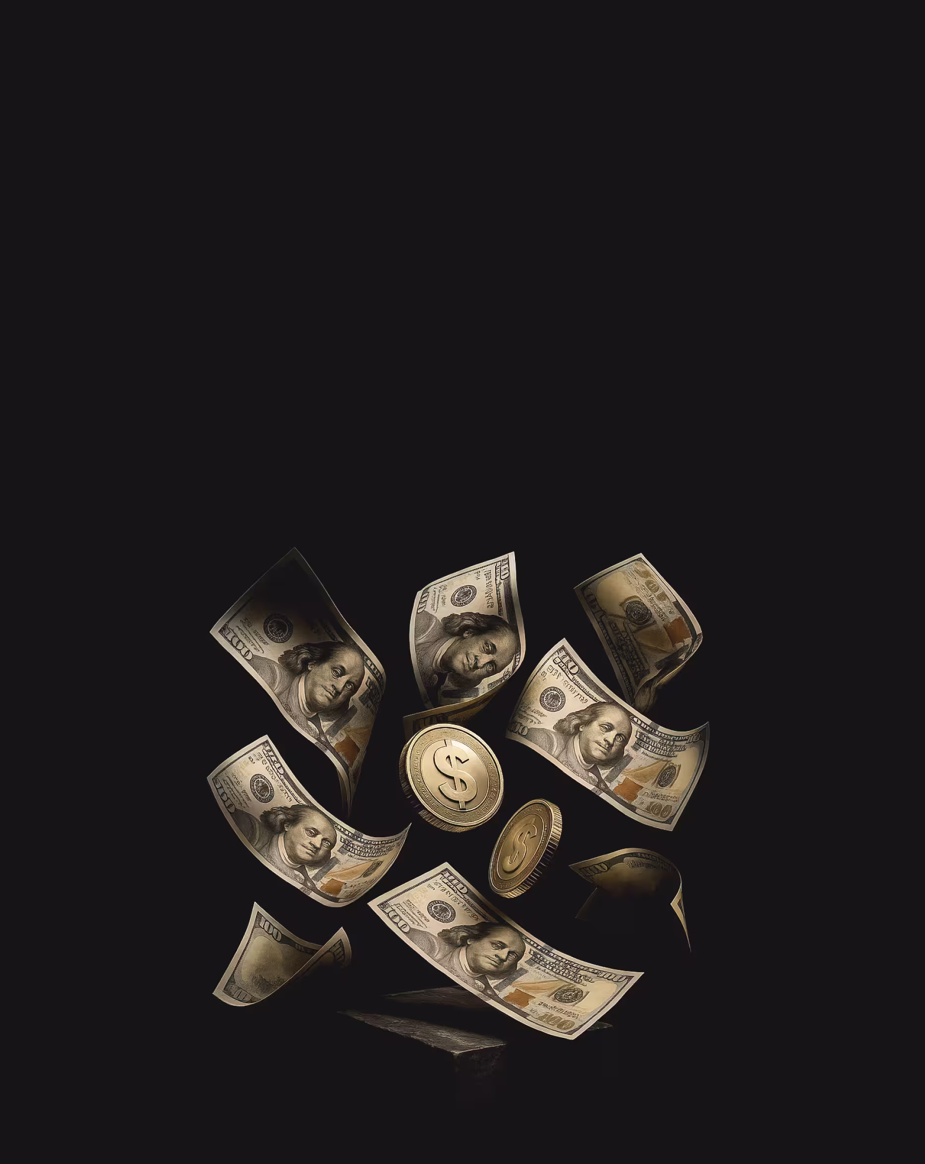 Floating U.S. 100 dollar bills and gold coins with dollar signs on a black background.