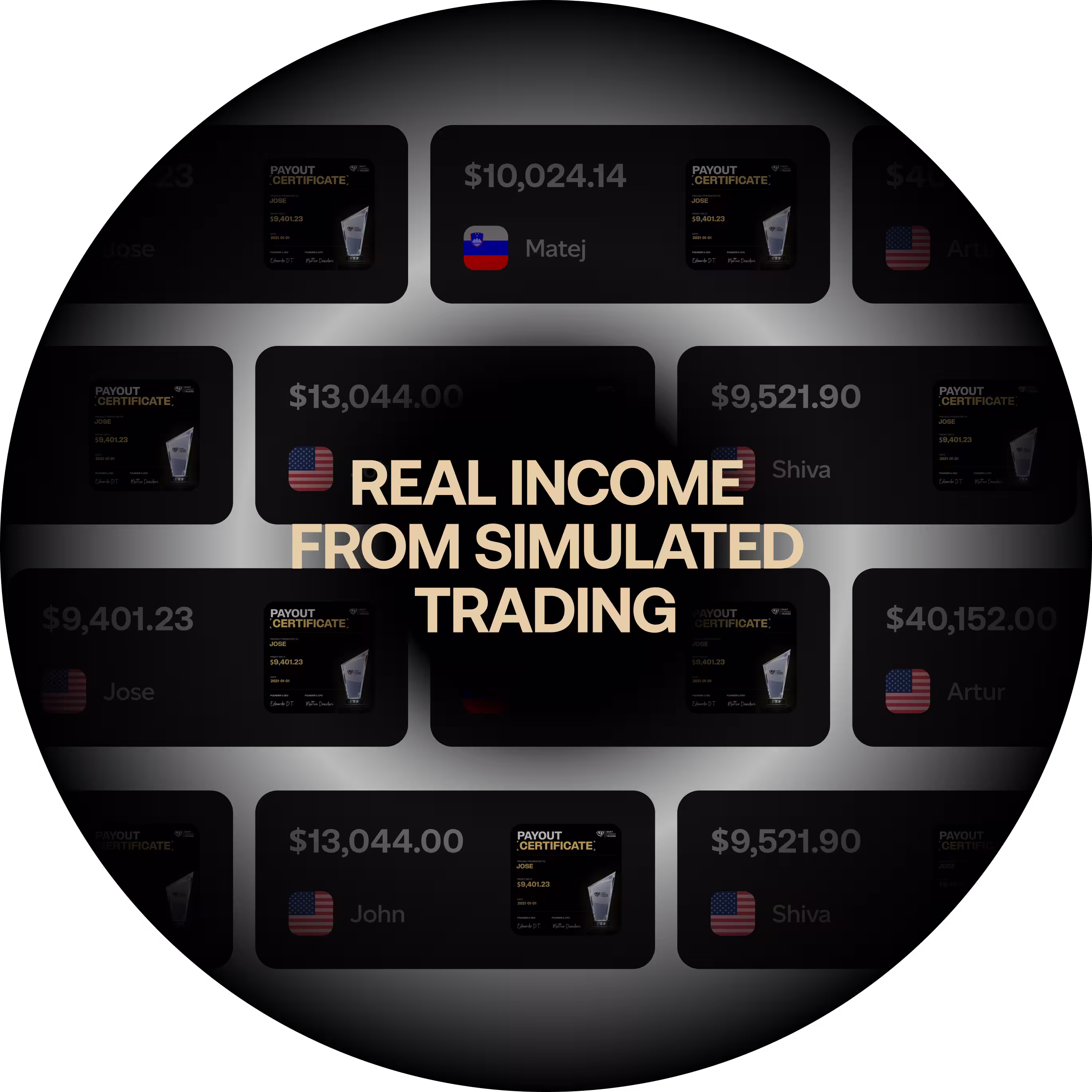 Dark background with multiple payout certificates and US and Slovenian flags showing various income amounts, centered text reads REAL INCOME FROM SIMULATED TRADING.