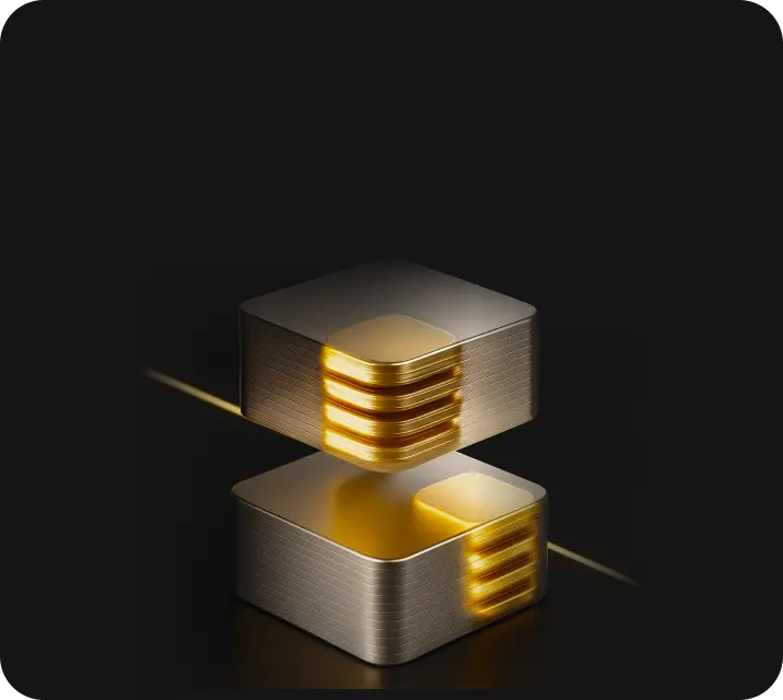 Two metallic cubes stacked vertically with glowing golden layers inside, set against a dark background.