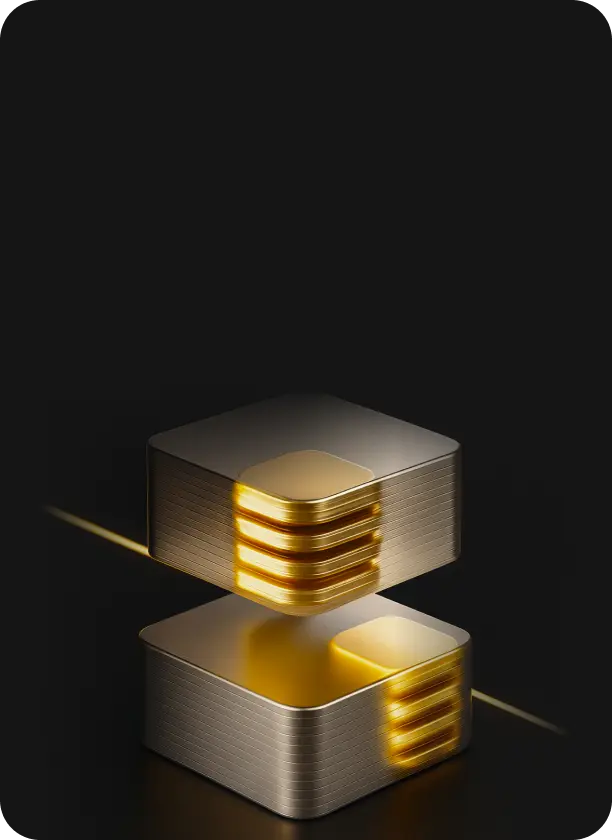Two stacked metallic square blocks with glowing golden edges on a black background.