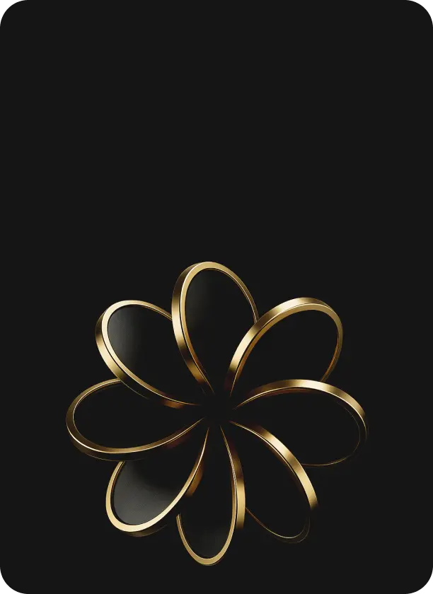 Abstract black and gold metallic flower-like shape with eight rounded petals on a dark background.