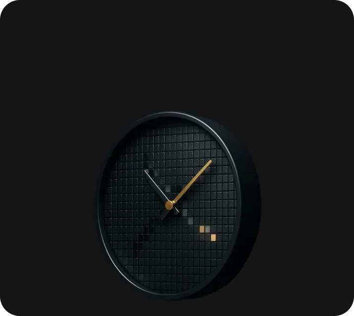 Black wall clock with a textured grid face and gold second hand against a dark background.