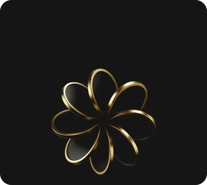 Abstract 3D gold metallic ribbon shaped in a symmetrical flower-like loop design on a black background.