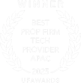 Laurel wreath surrounding text: Winner Best Prop Firm Tech Provider APAC 2025 UF Awards.