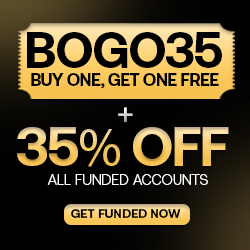 Goat Funded Trader promotion: BOGO35 Buy One Get One Free plus 35% off all funded accounts.