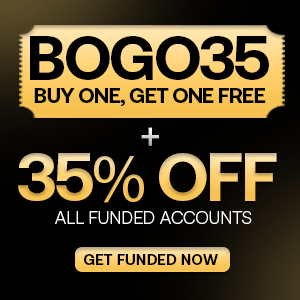 Goat Funded Trader promotion: BOGO35 Buy One Get One Free plus 35% off all funded accounts.