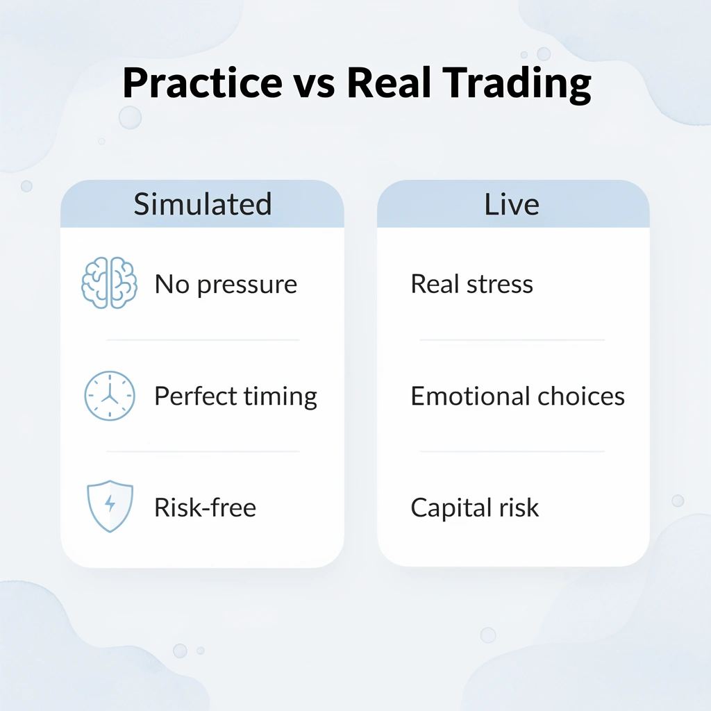Comparison chart showing differences between simulated and live trading