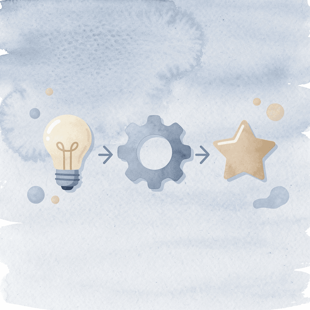 Three icons showing progression from practice to mastery to success