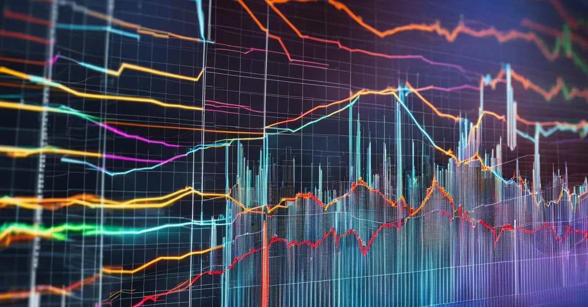 Colorful financial chart with multiple line graphs and bars on dark background — best day trading simulator