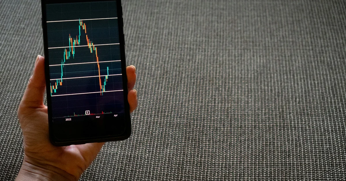 Hand holding smartphone displaying candlestick chart against textured background — what is a funded trading account
