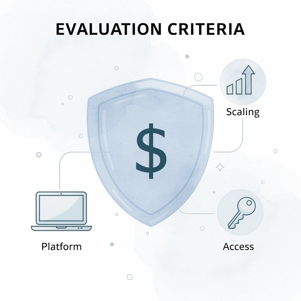 Shield badge showing key evaluation criteria for prop firms