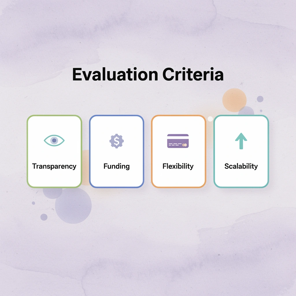 Infographic showing 5 evaluation criteria for prop firms