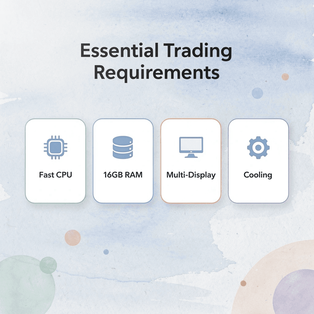 Infographic showing essential laptop requirements for forex trading