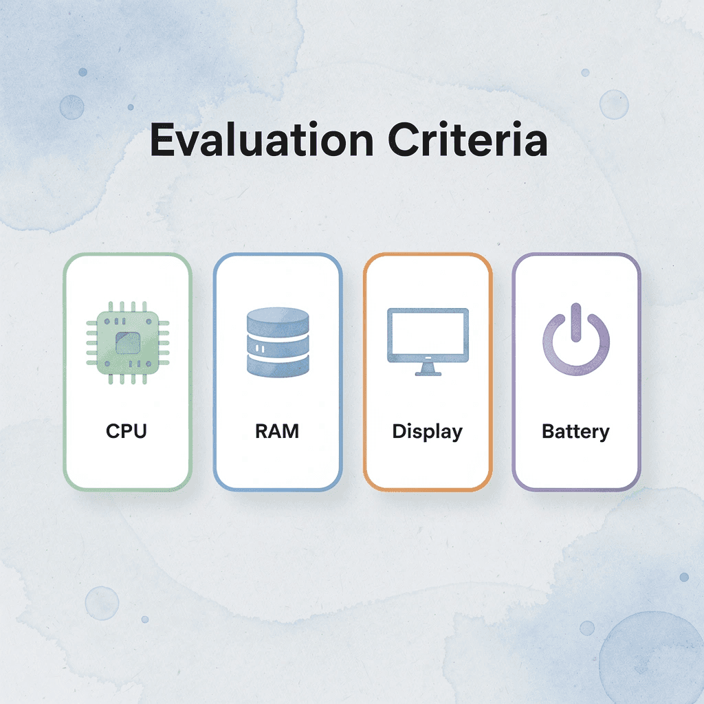 Infographic showing four key laptop evaluation criteria for forex trading