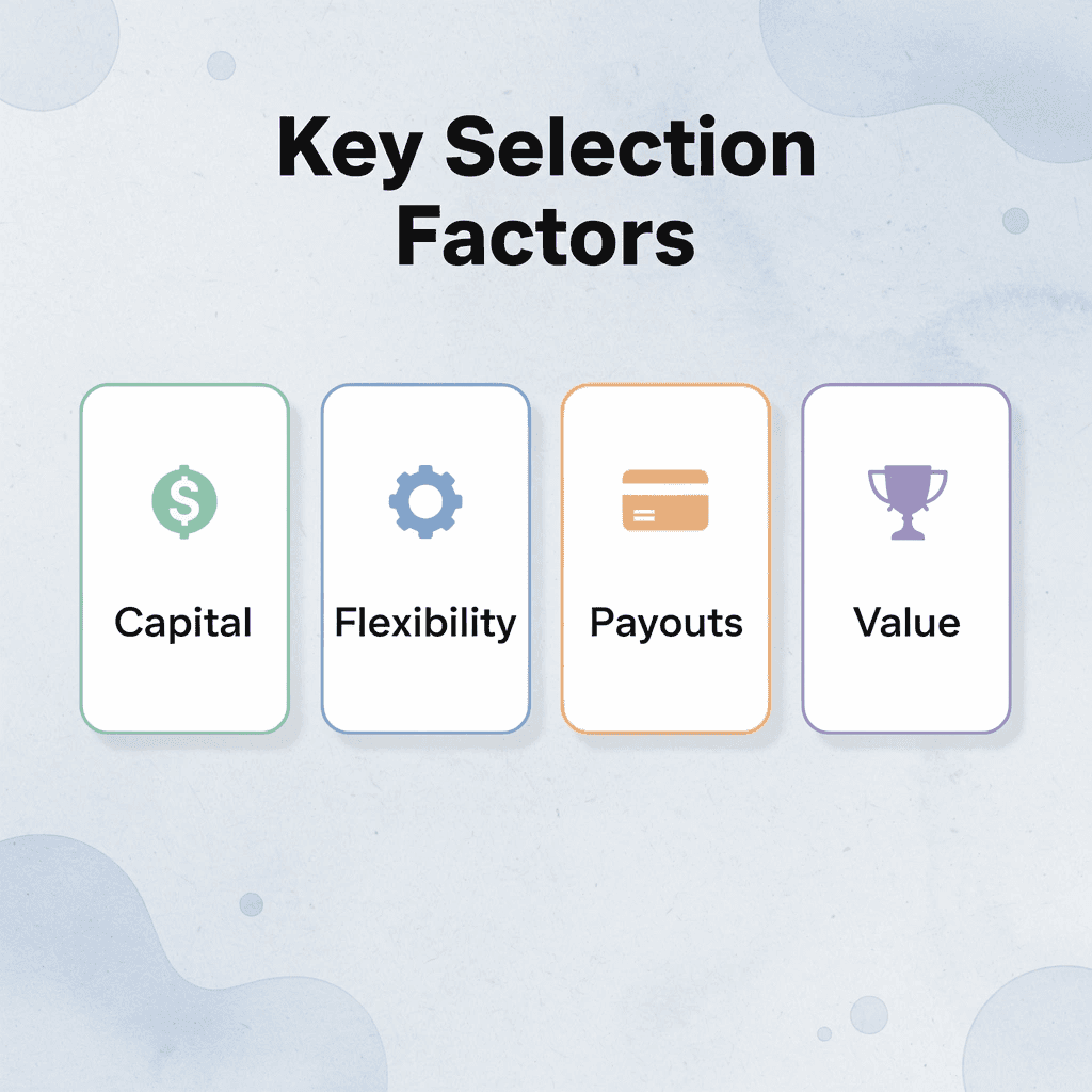 Infographic showing four key selection factors for prop firms