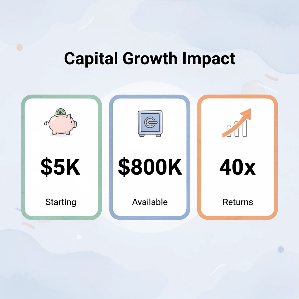 Statistics showing capital growth from 5K to 800K with 40x returns