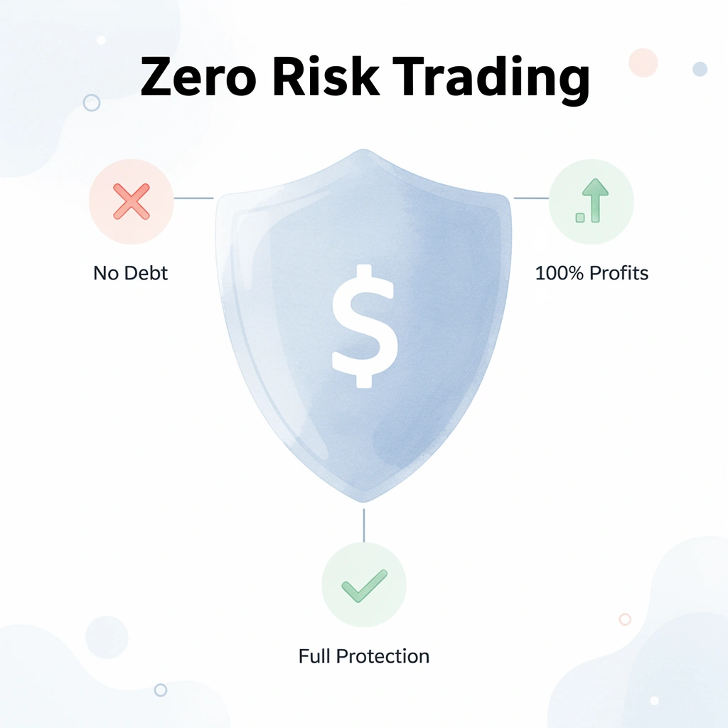 Shield badge showing zero risk trading benefits with simulated capital and full protection