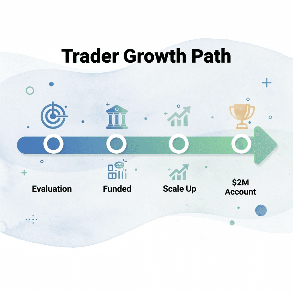Progression path from evaluation to $2M funded trading account