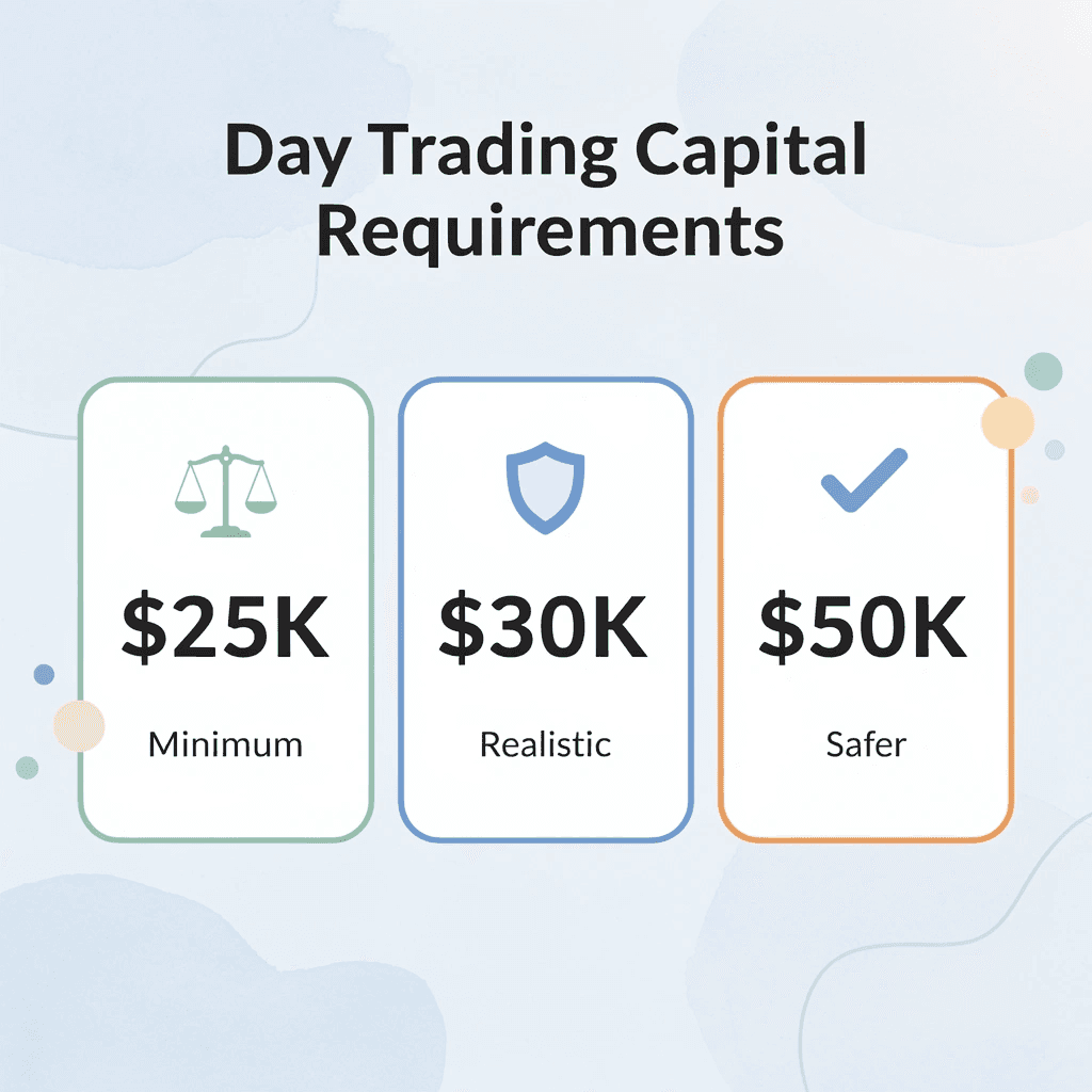 Infographic showing day trading capital requirements from minimum to safer amounts
