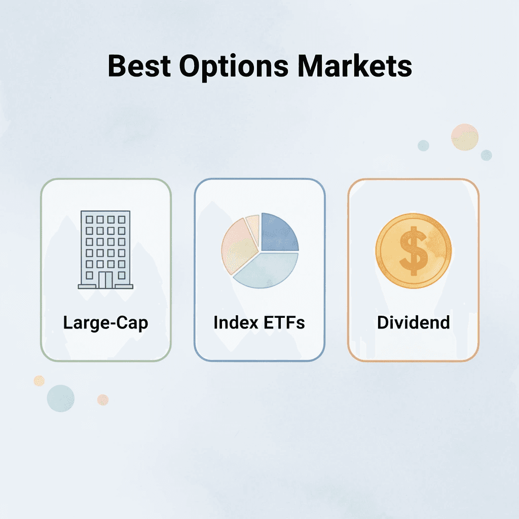 Infographic showing the three best markets for options cash flow strategies