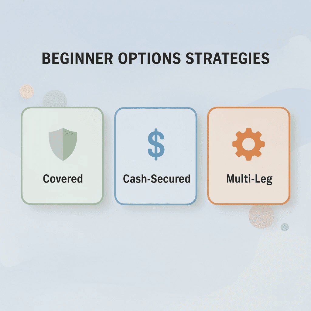 Three cards showing beginner options trading strategies