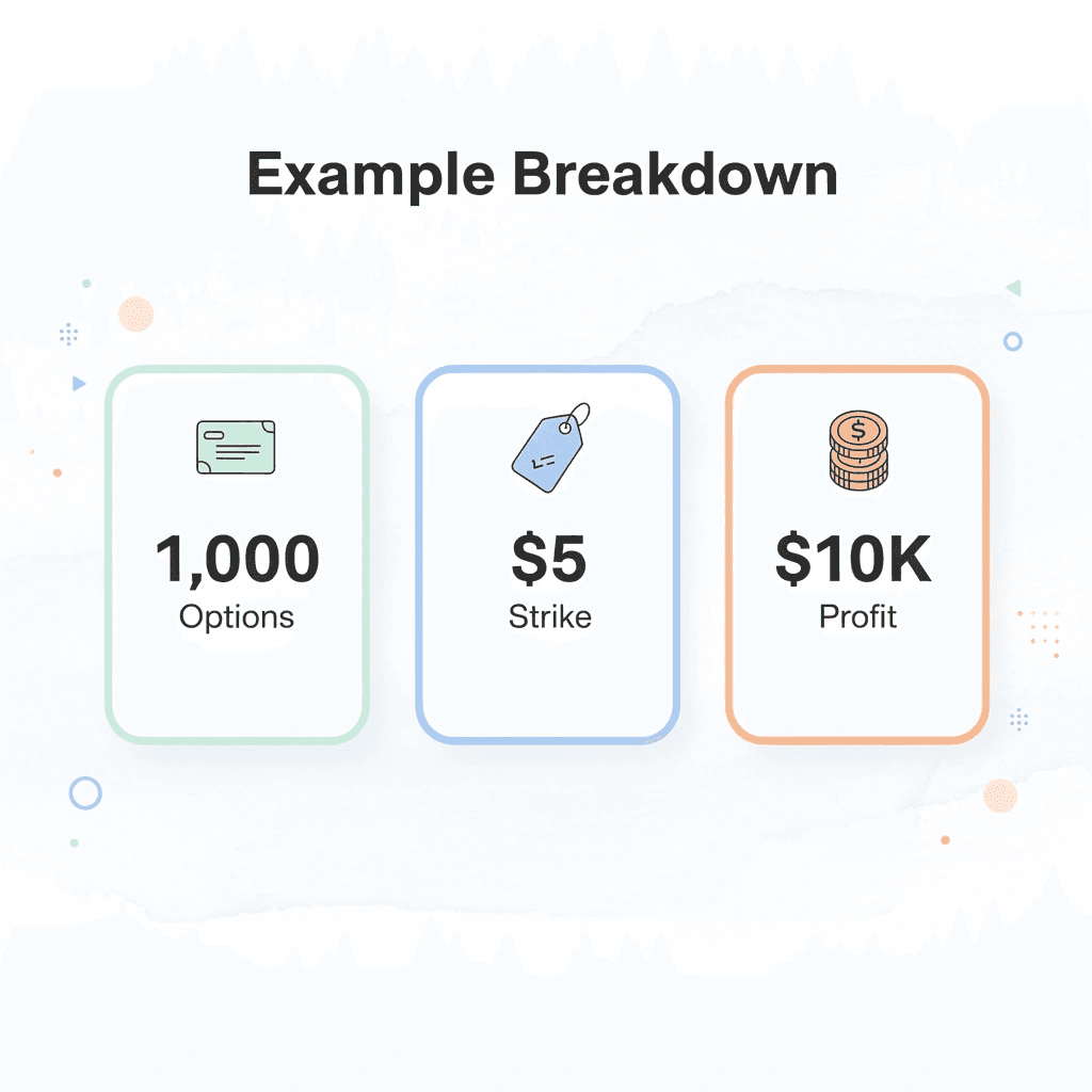 Statistics showing stock option example with 1,000 options, $5 strike price, and $10K profit potential
