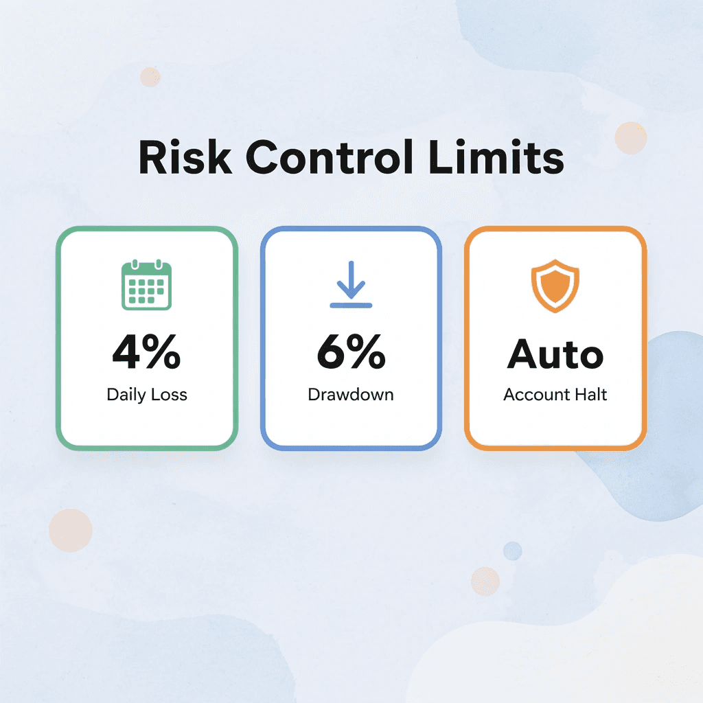 Risk management statistics showing daily loss limit, drawdown threshold, and automatic halt feature