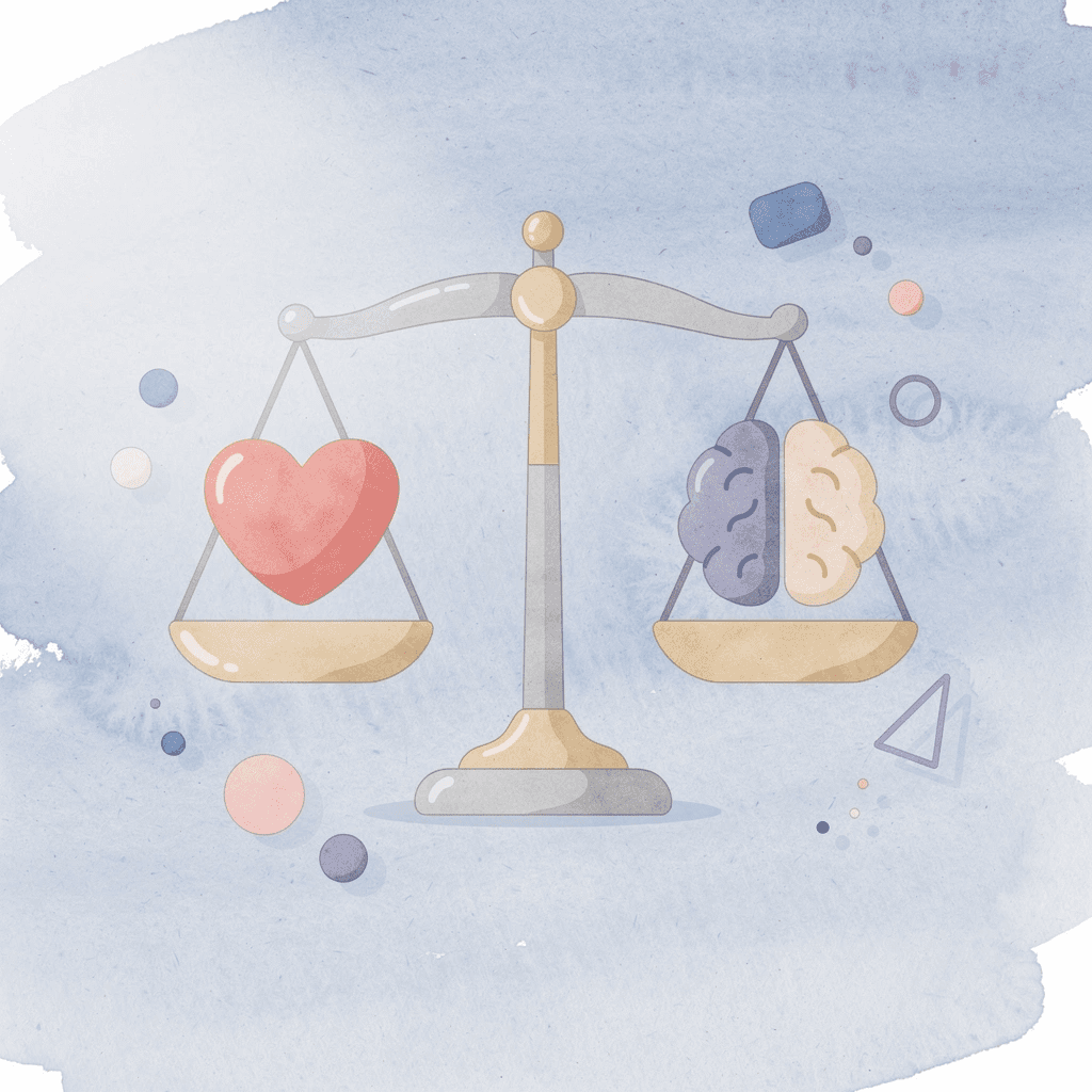 Balance scale comparing mathematical position sizing with emotional trading decisions