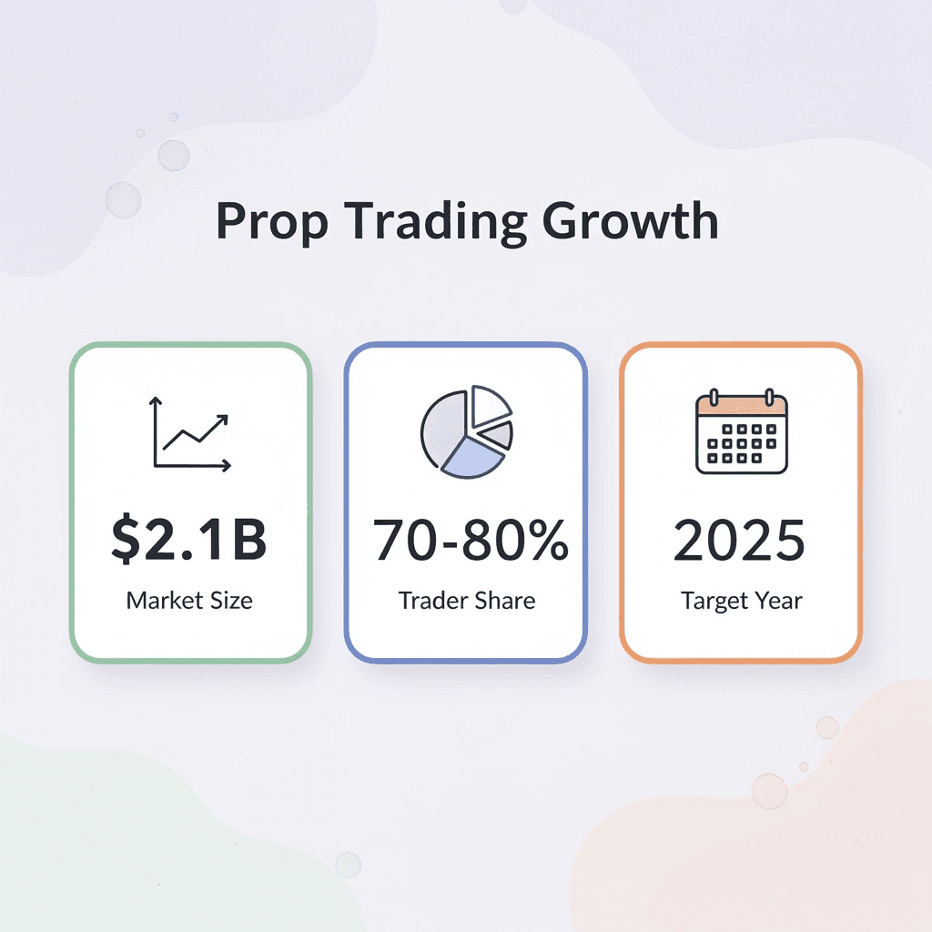 Statistics showing prop trading market growth and profit sharing metrics