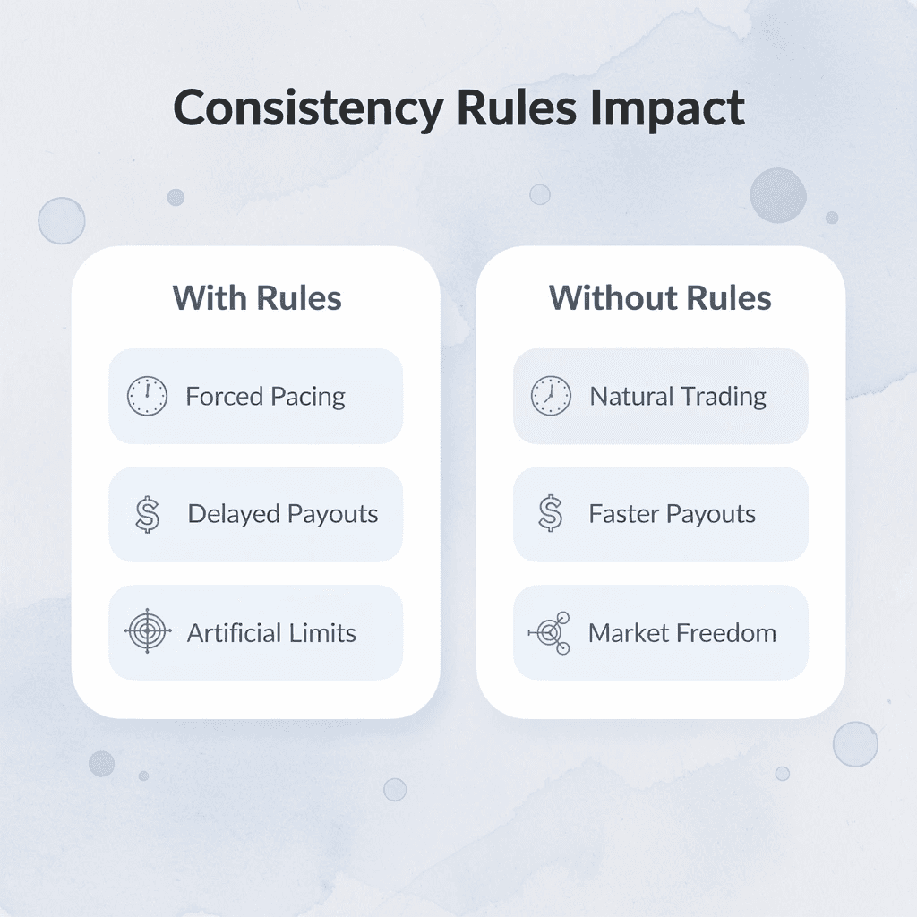 Comparison table showing trading with consistency rules versus without consistency rules