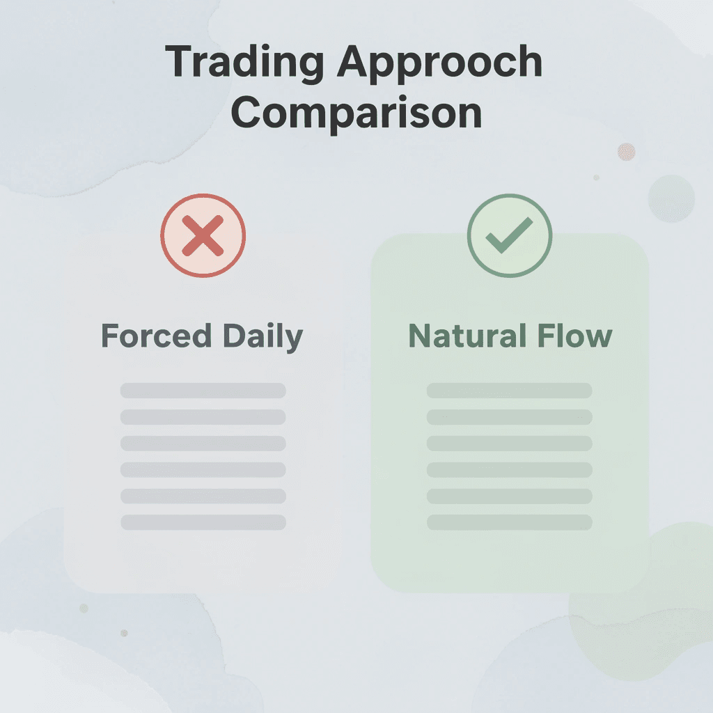 Before and after comparison showing transformation from forced daily trading to natural market flow