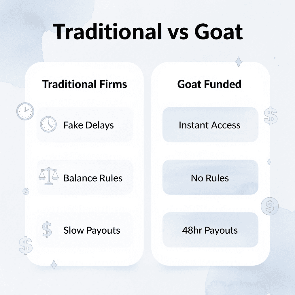 Comparison between traditional prop firms and Goat Funded Trader features