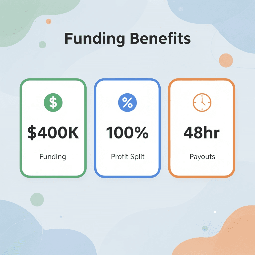 Key funding metrics showing account size, profit split, and payout speed