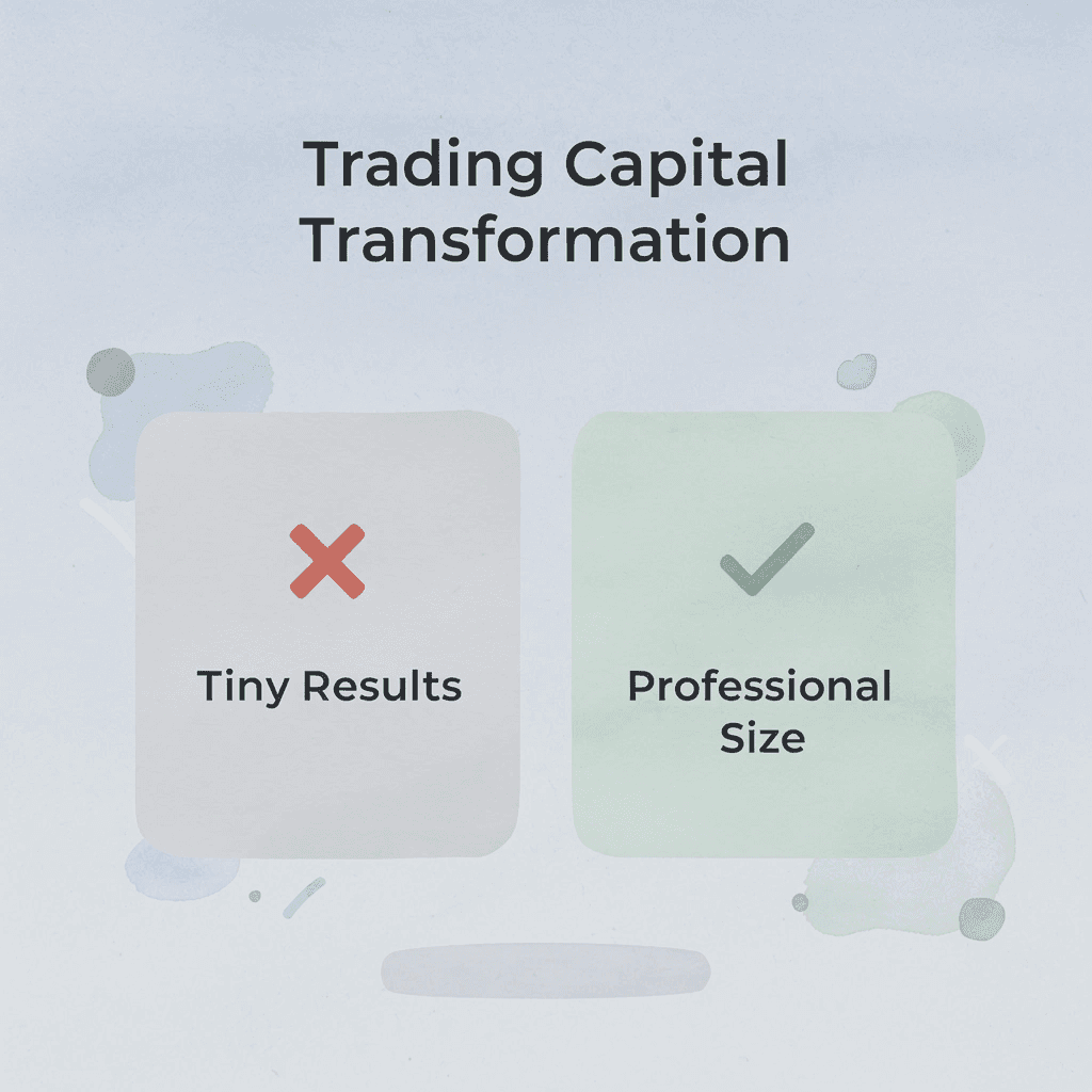 Before and after comparison showing transformation from tiny results to professional size trading