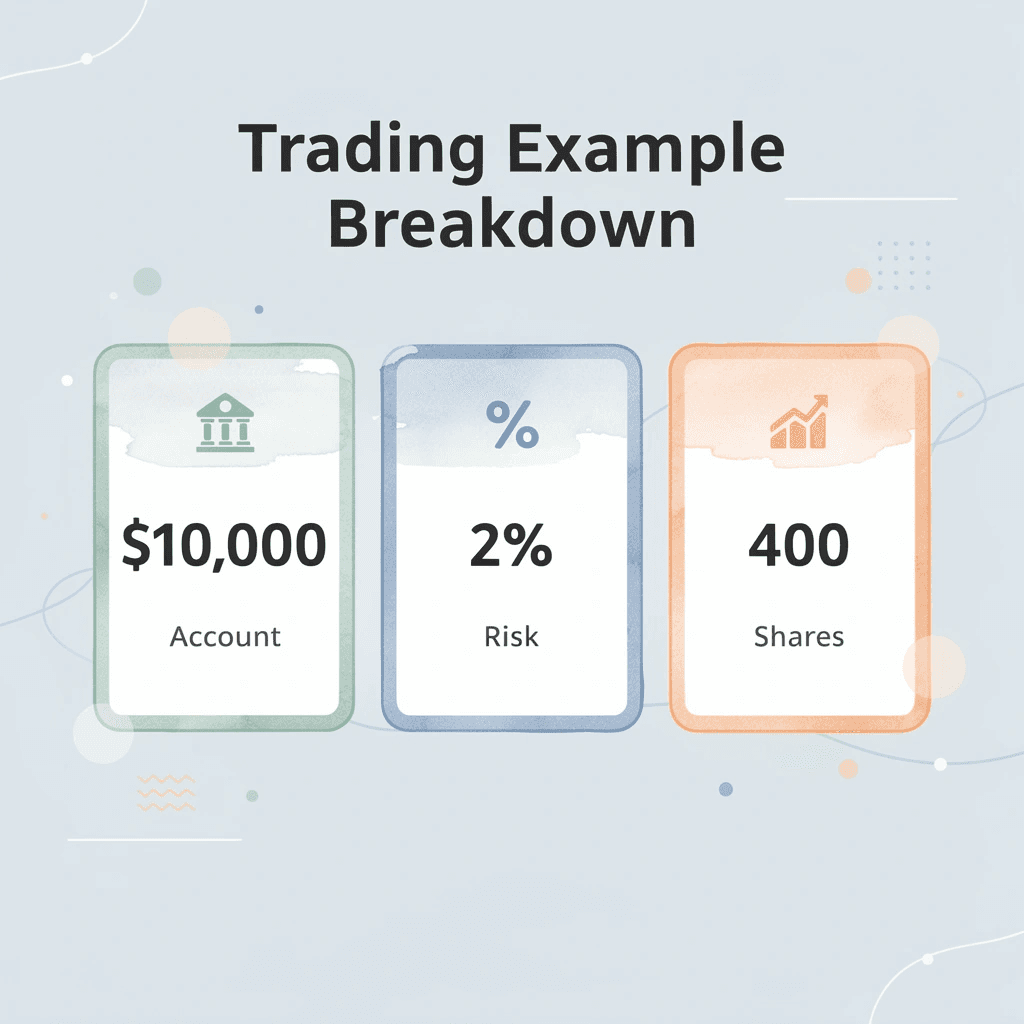 Statistics showing trading example with account size, risk percentage, and share count