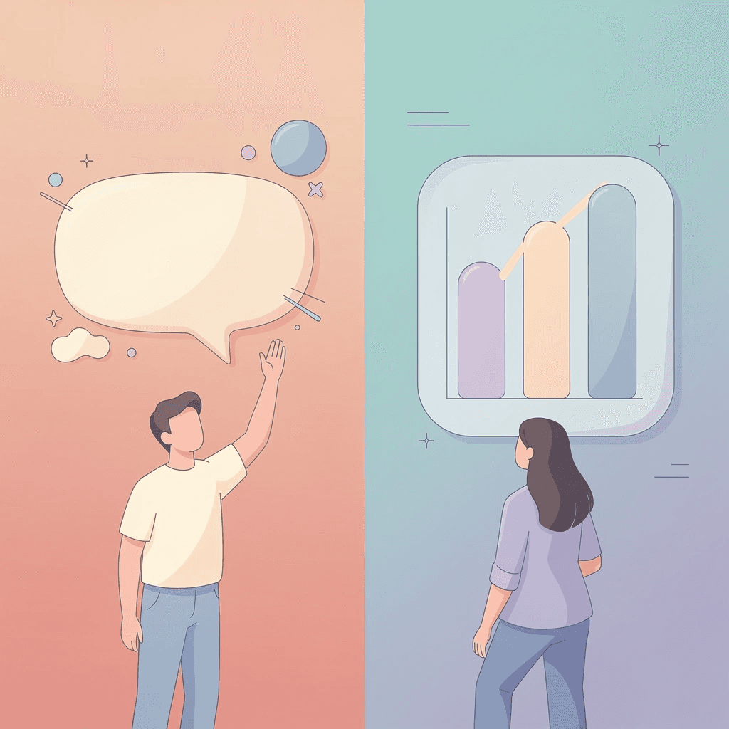 Split scene illustration contrasting chaotic trading results with steady performance patterns