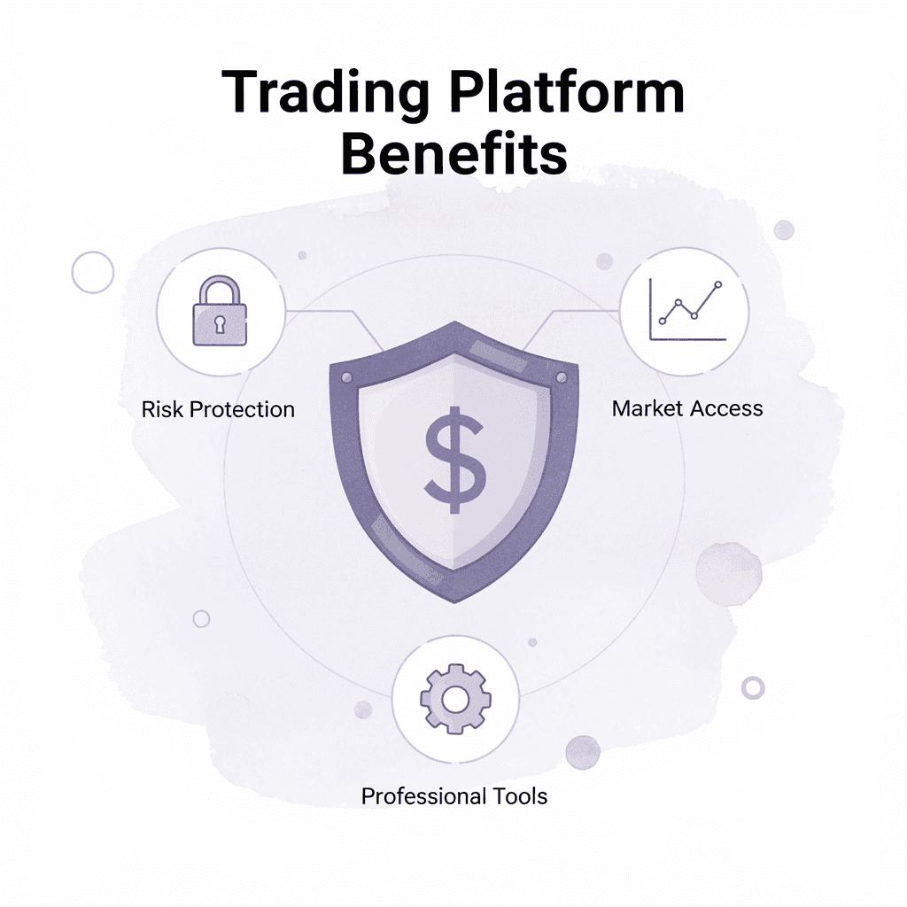 Shield badge showing trading platform benefits, including simulated capital and risk protection