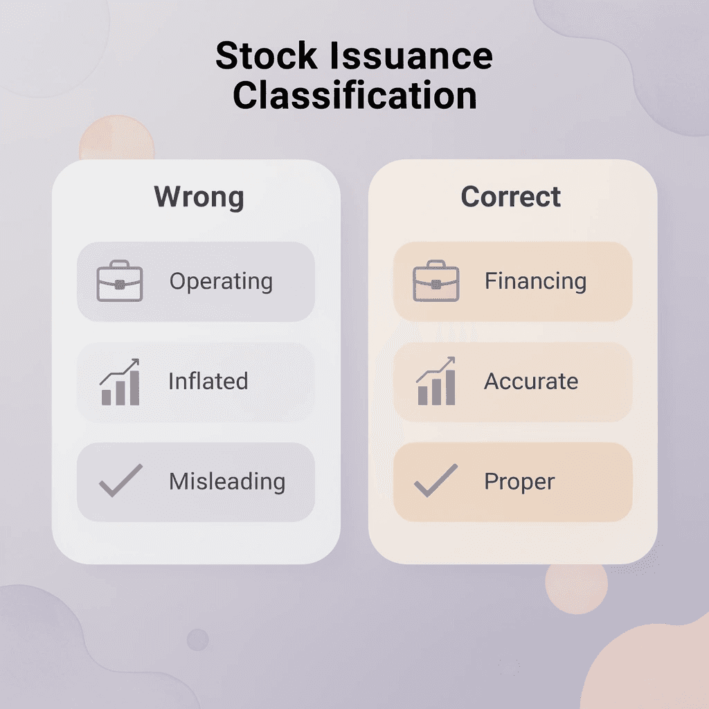 Comparison chart showing wrong vs correct classification of stock issuance